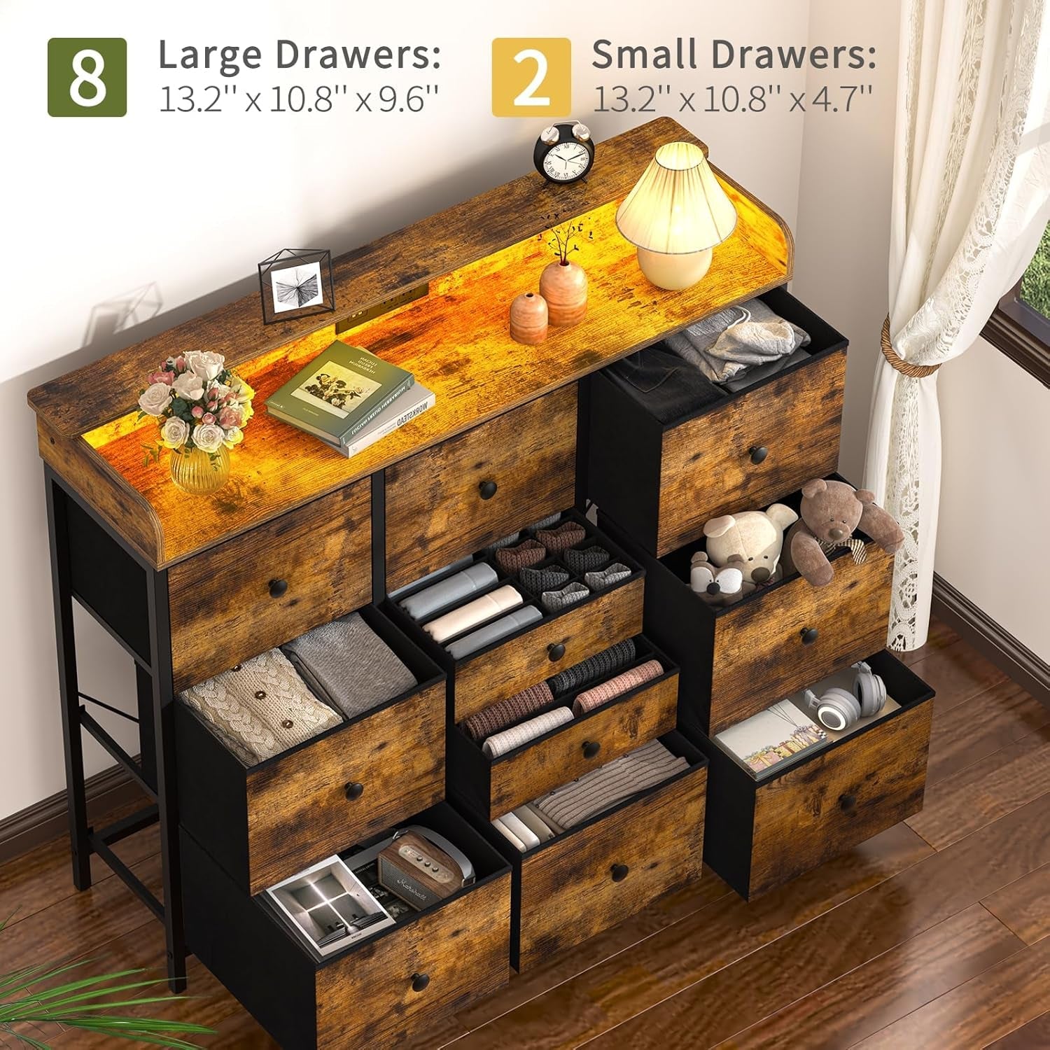 Dresser for Bedroom with Charging Station and LED Lights, Tall Dresser TV Stand with 10 Storage Drawers,Fabric Dressers & Chests of Drawers,Wood Dresser for Bedroom Closet Organizer,Brown-3