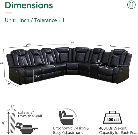 Black Leather Power Reclining Sectional Sofa，Sectional Couch with Recliner Living Room Set with LED Light/Read Light/Storage Console/Usb Port/Wireless Charge/Home Theater Seat-1