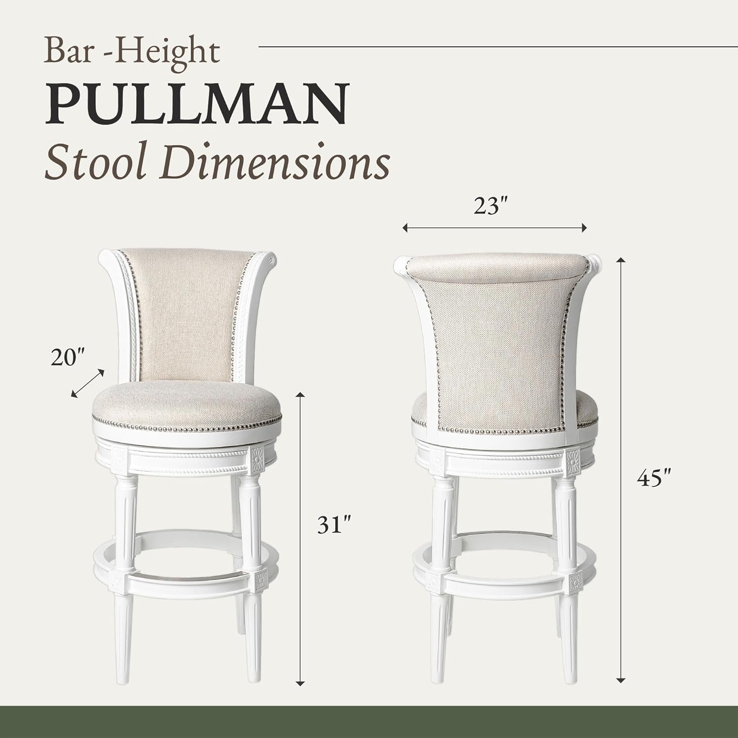 Pullman 31 Inch Tall Bar Height Upholstered Barstool with Back in Alabaster White Finish with Cream Fabric Cushion Seat, Set of 4-2