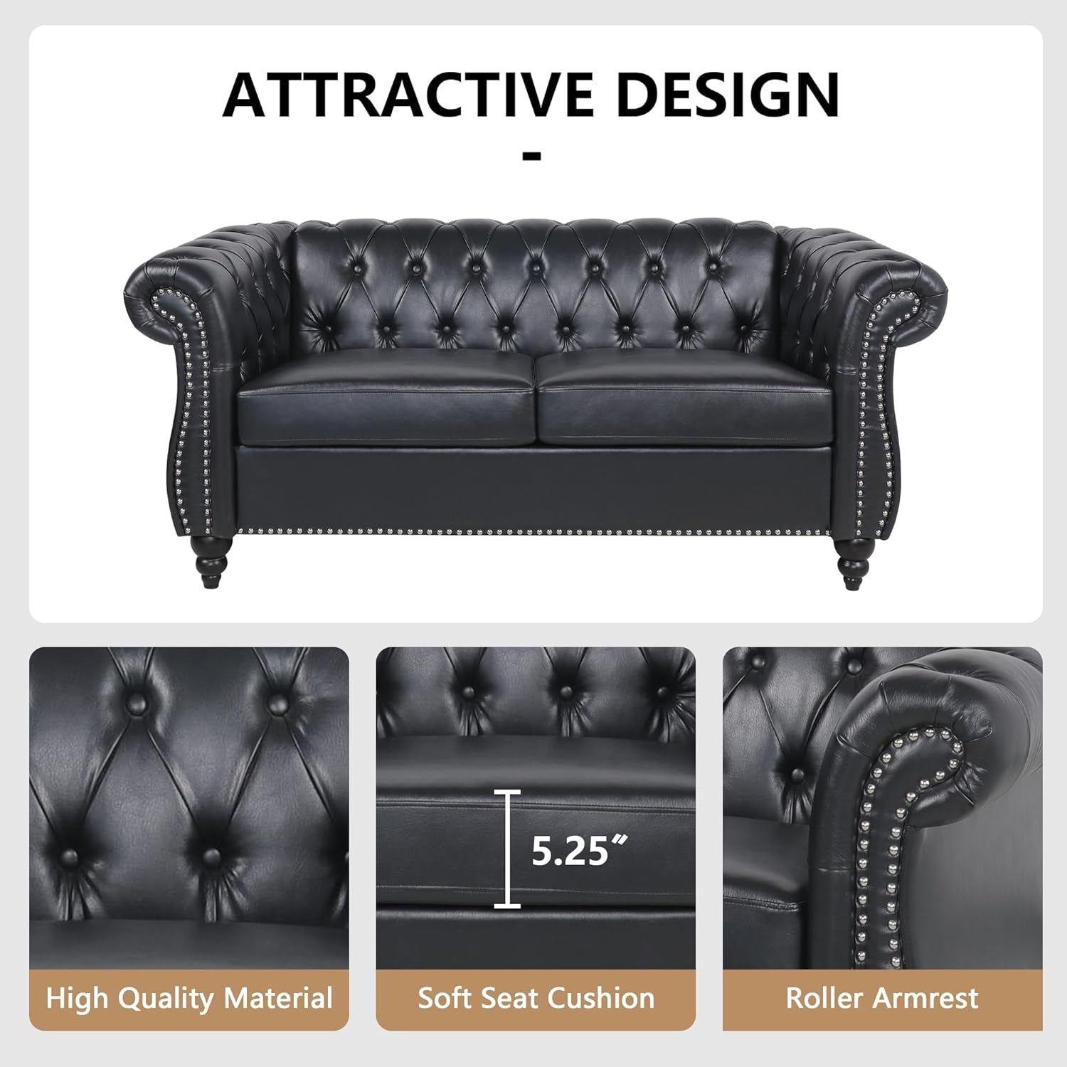 3 Piece Living Room Set, Sectional Chesterfield Sofa Chair Contemporary Upholstered Artificial Leather Loveseat Couch Sets for Living Room, Bedroom, Office (Black)-3