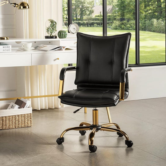 Faux Leather Home Office Desk Chair, Adjustable Swivel Computer Chair with Golden Legs and Arms, Comfy Upholstered Task Chair, Black-0