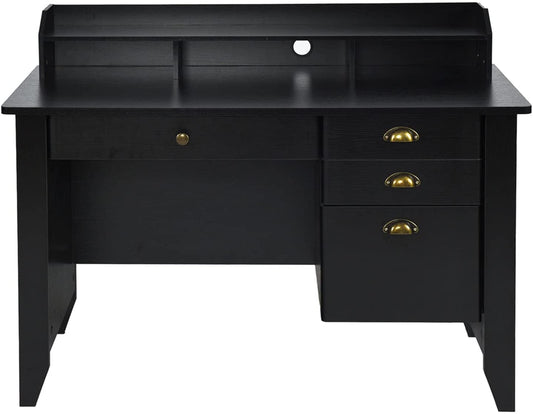 Matte Black Desk with Drawers and Hutch-1