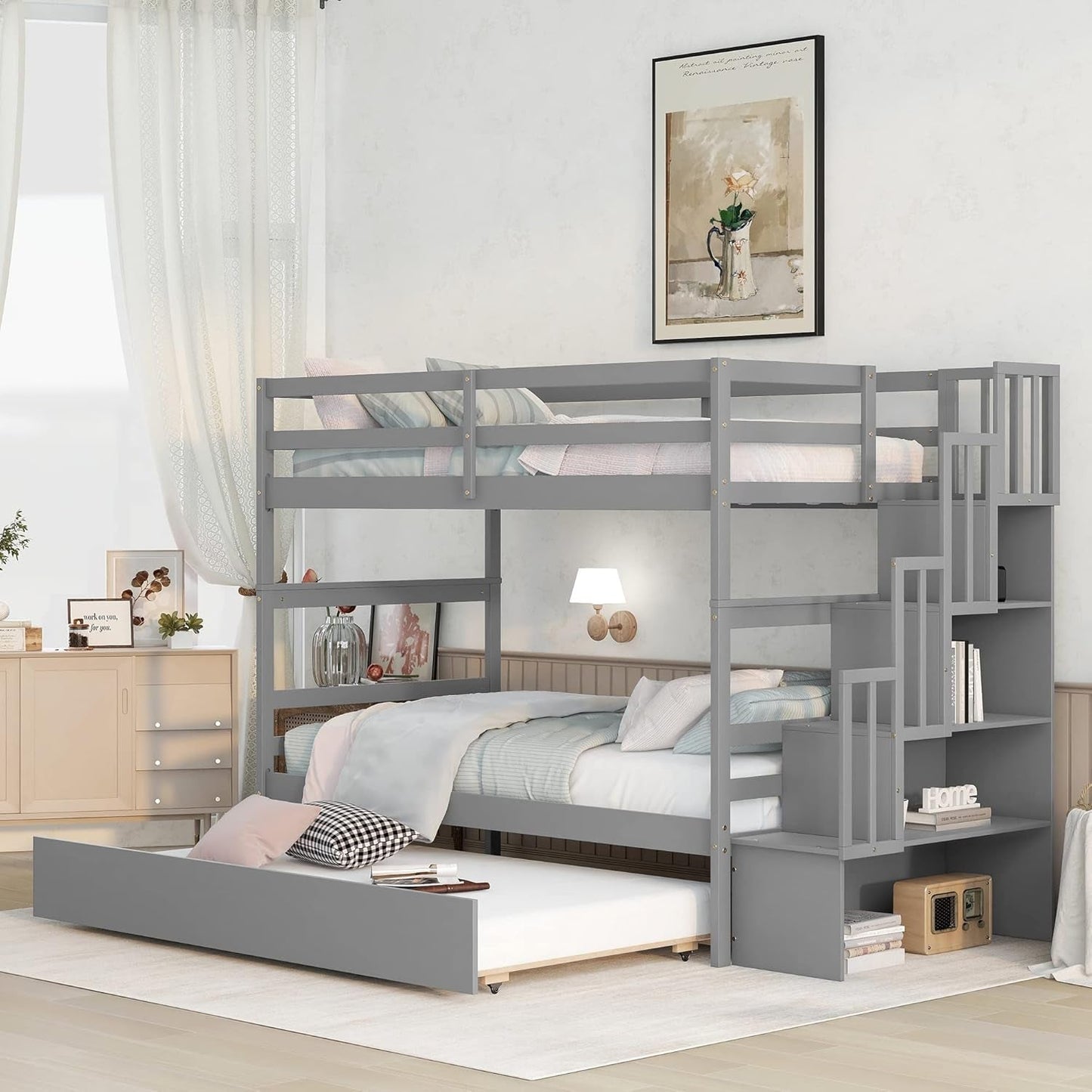 Twin over Twin Bunk Bed with Trundle and Storage Shelf, Solid Wood Bunk Bed with Staircase for Kids,Toddler,Teens,Adults No Box Spring Needed (Grey, Twin/Twin)-0