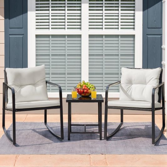 Patio Chairs 3 Piece Wicker Rocking Chair Outdoor Bistro Sets with Coffee Table and Cushions Metal Frame Patio Furniture for Porch, Balcony, Lawn (White)-1