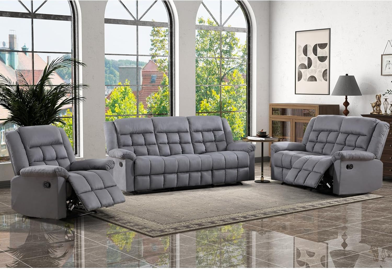 Manual Reclining Couch Sofa Set for Living Room, Include 1 Recliner Chair, 1 Loveseat Recliner Sofa and 1 3-Seat Reclining Sofa for Office, Grey (Recliner+Loveseat+Sofa)-0