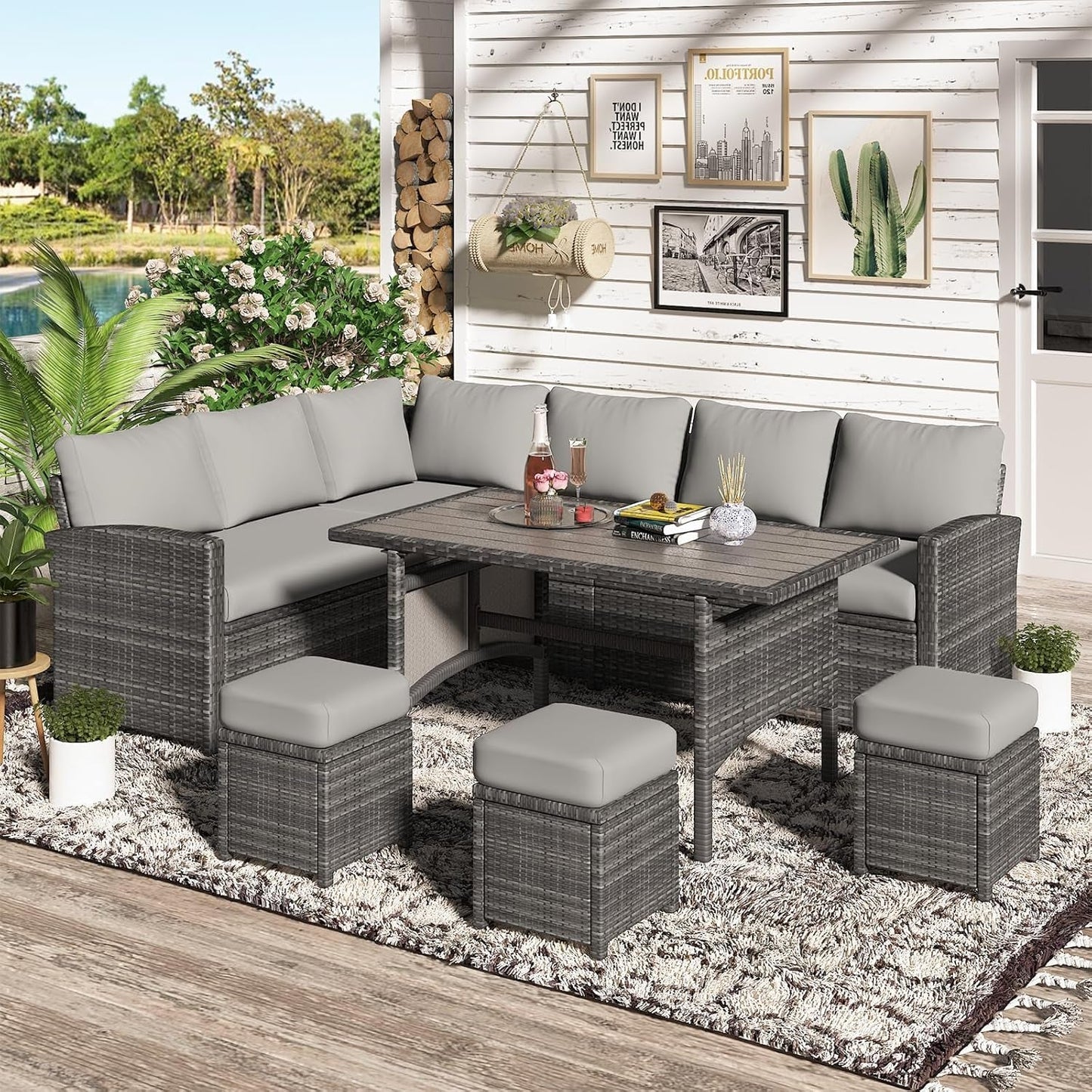 7 Pieces Patio Furniture Set, Outdoor Sectional Sofa Conversation Set, All Weather Wicker Rattan Dining Table & Chair with Ottoman, Grey Rattan&Grey Cushion-2