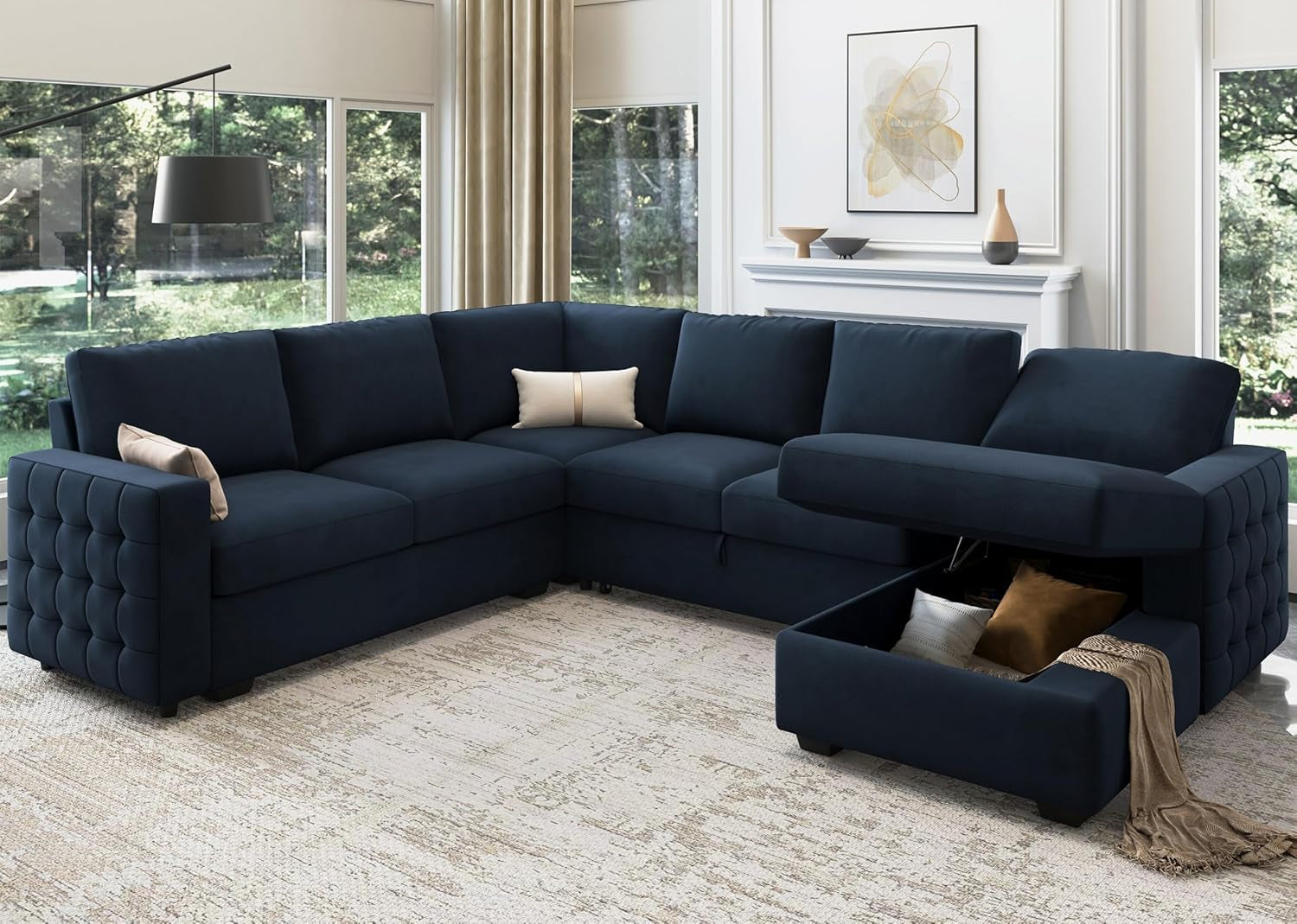 Velvet U-Sectional Sleeper Sofa, Pull-Out Bed, Blue-0