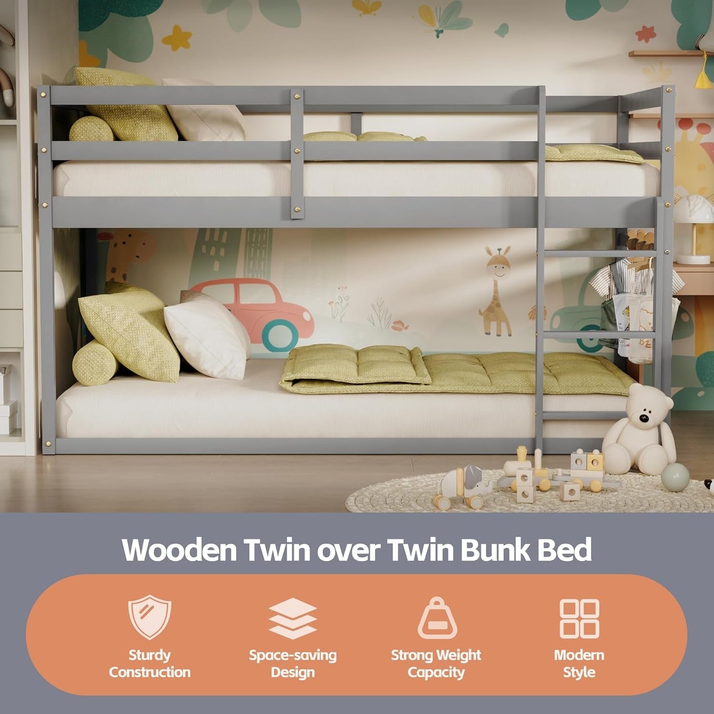 Low Bunk Bed Twin over Twin, Floor Bunk Bed with Ladder, Twin Bunk Bed with Full Guardrails, Wooden Bunk Bed for Juniors, Boys, Girls, Kids, Bedrooms (Grey)-2