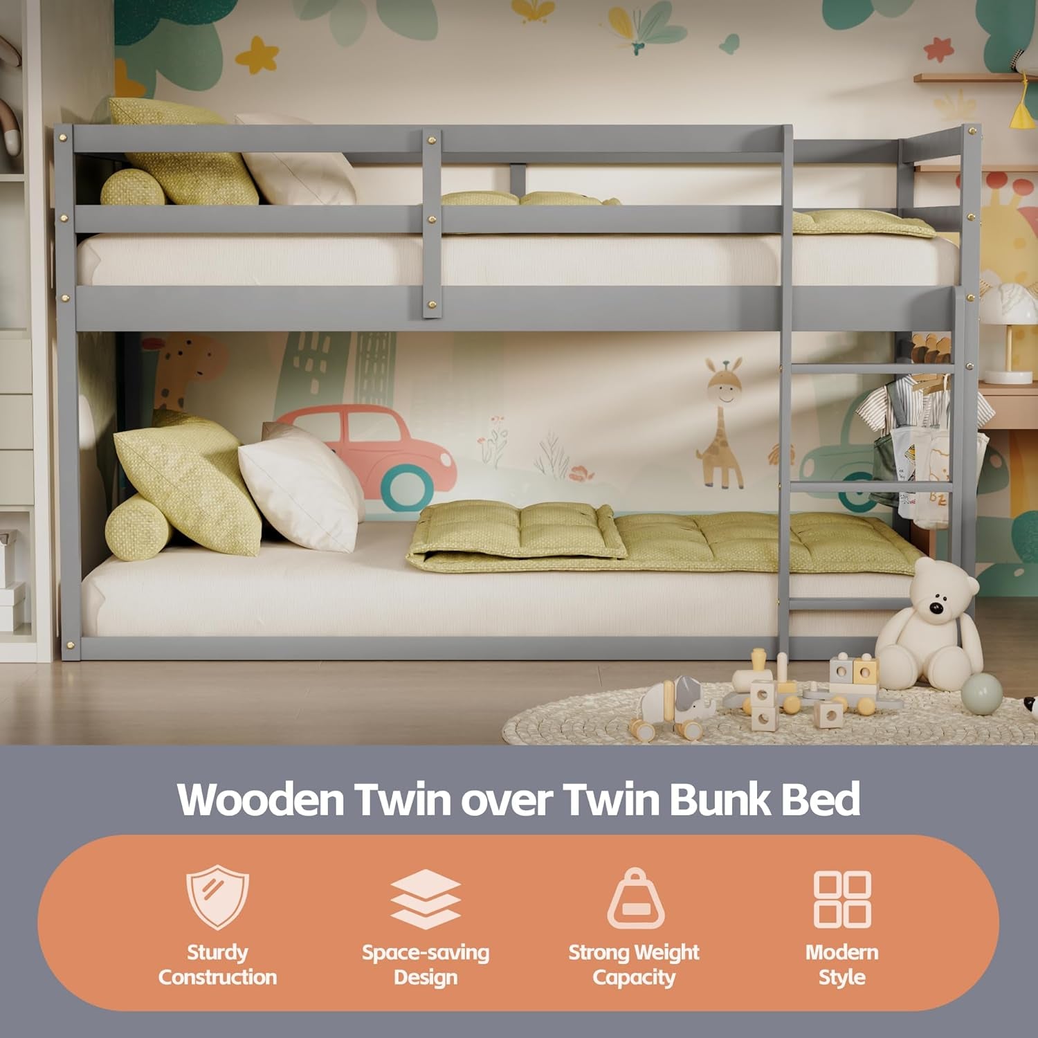 Low Bunk Bed Twin over Twin, Floor Bunk Bed with Ladder, Twin Bunk Bed with Full Guardrails, Wooden Bunk Bed for Juniors, Boys, Girls, Kids, Bedrooms (Grey)-2