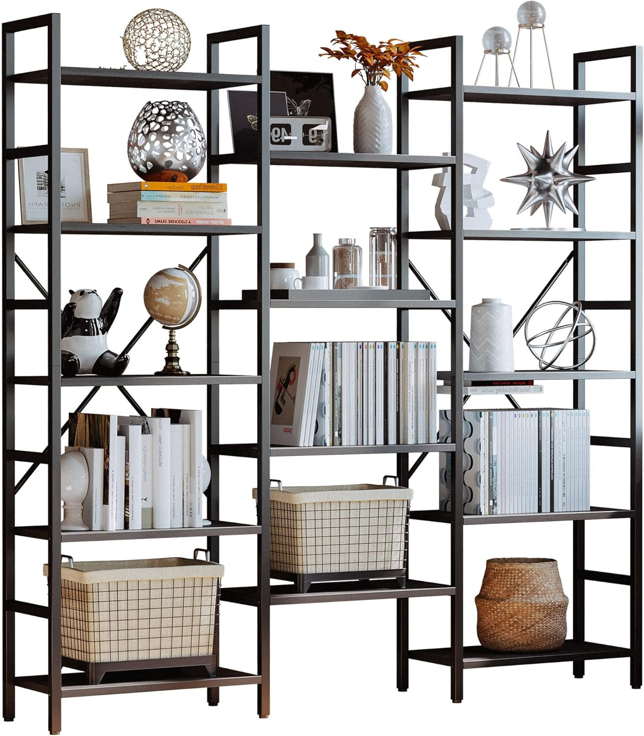 Bookcases and Bookshelves Triple Wide 5 Tiers Industrial Bookshelf, Large Etagere Bookshelf Open Display Shelves with Metal Frame for Living Room Bedroom Home Office-0