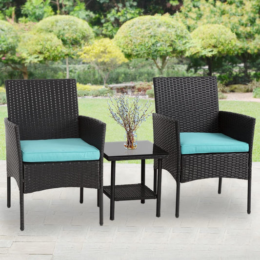 3 Piece Outdoor Furniture Set Patio Wicker Chairs Furniture Bistro Conversation Set 2 Rattan Chairs with Blue Cushions and Glass Coffee Table for Porch Lawn Garden Balcony Backyard-1