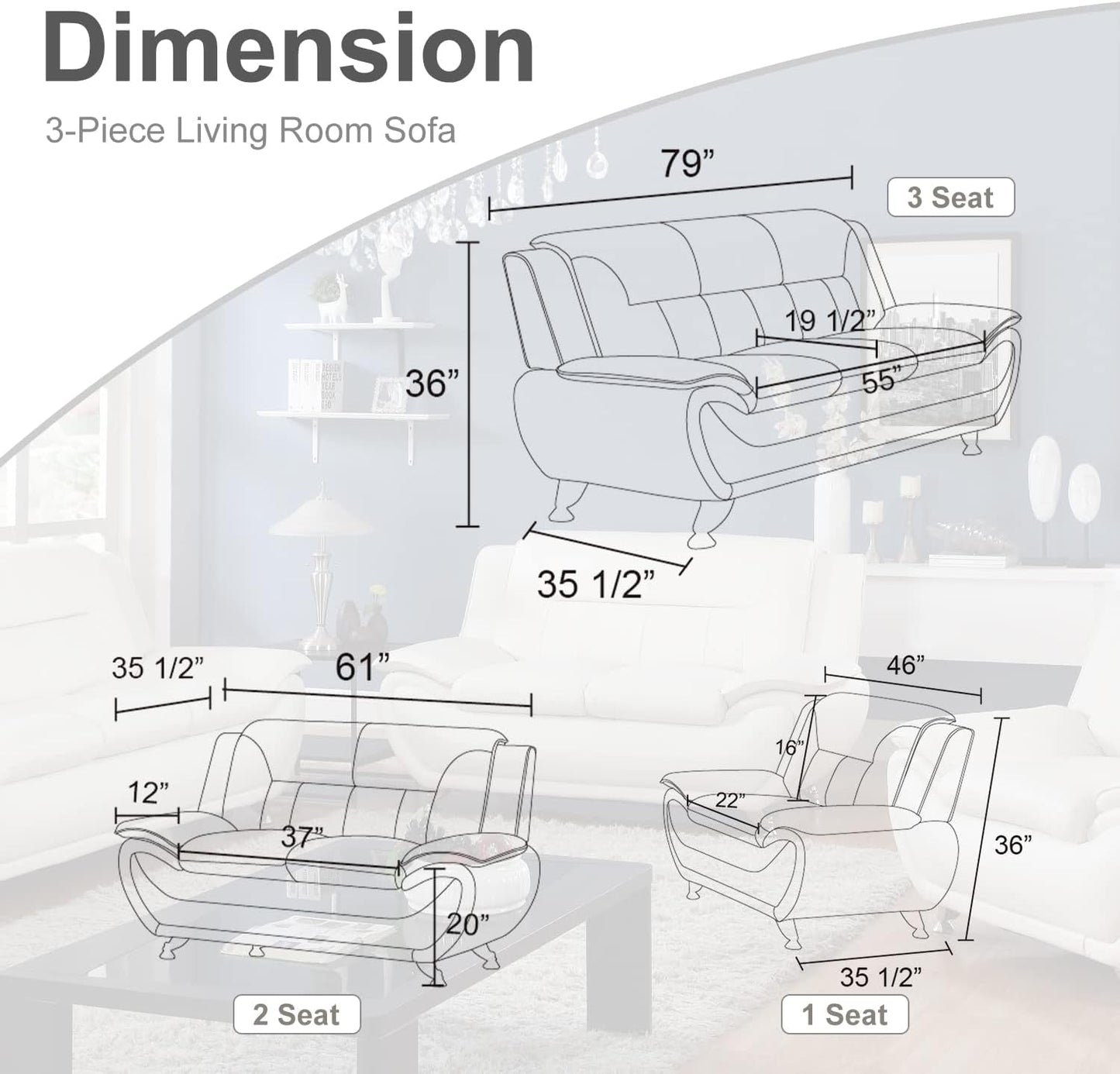 3 Piece Living Room Furniture Set, Leather Sofa Set for Living Room, Modern Couch Set with 3-Seater Sofa, Loveseat and Armchair (Cream White)-1