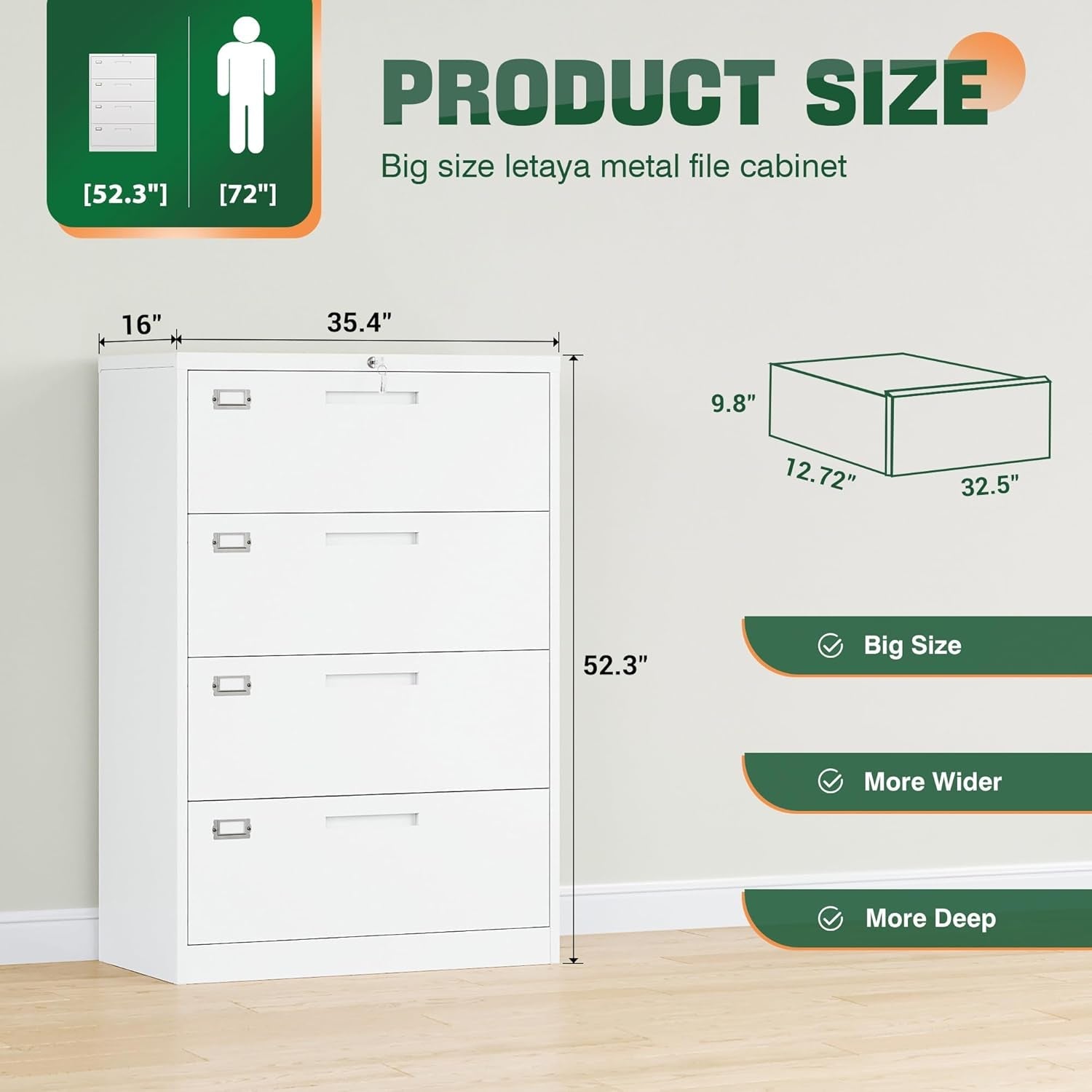 4 Drawer File Cabinet with Lock, Metal Lateral Filing Cabinet Wide Office Organization Storage for Home Office Hanging Letter/Legal/F4/A4 (White-Requires Installation)-2