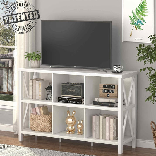 6 Cube Storage Organizer with Shelf, Long Wood and Metal Cubby Bookcase, Industrial Horizontal Bookshelf (White Oak, 47 Inch)-1