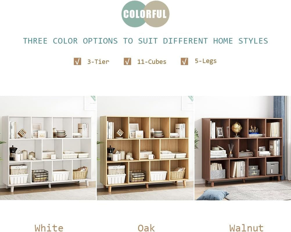 Open Cube Low Bookcase - 3-Tier Freestanding Storage Display Cabinet Organizer with Legs for Home Office, 11-Cubes Open Shelf Short Bookshelf, Oak-2