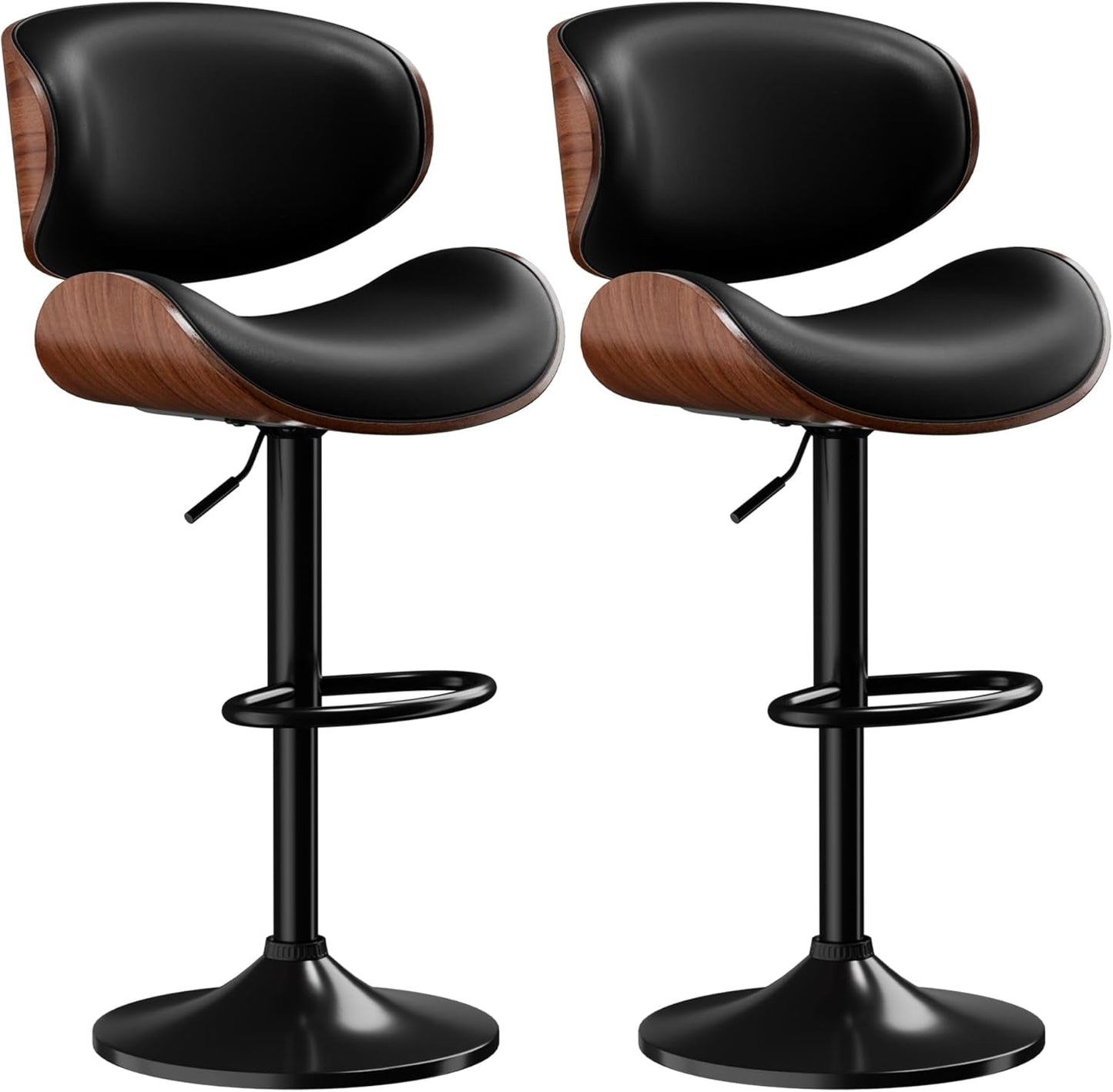 Bar Stools Set of 2, Adjustable Swivel Leather Bar Stools for Kitchen Island, Mid Century Modern Counter Height Bar Chairs Barstools with Back & Footrest (Black)-0