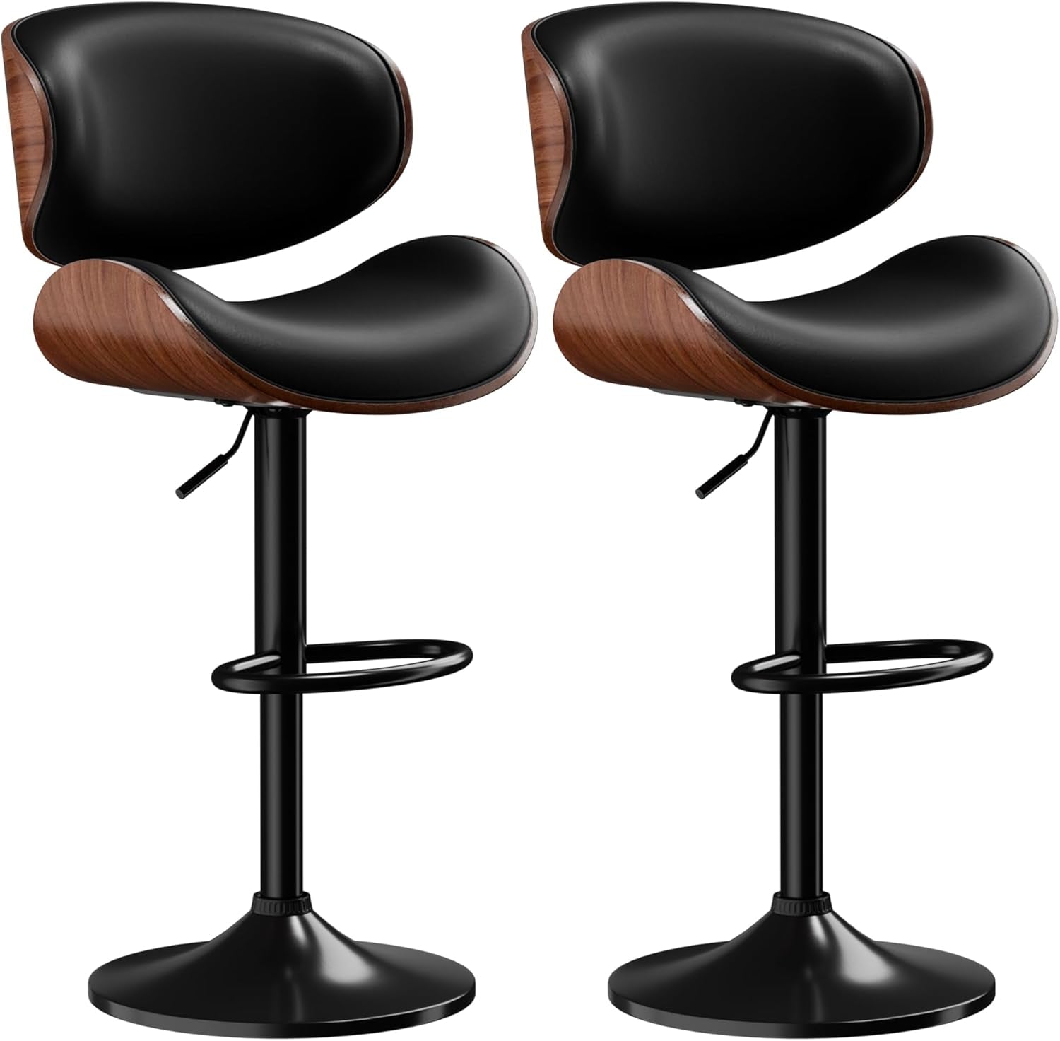 Bar Stools Set of 2, Adjustable Swivel Leather Bar Stools for Kitchen Island, Mid Century Modern Counter Height Bar Chairs Barstools with Back & Footrest (Black)-0