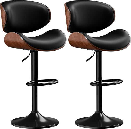 Bar Stools Set of 2, Adjustable Swivel Leather Bar Stools for Kitchen Island, Mid Century Modern Counter Height Bar Chairs Barstools with Back & Footrest (Black)-0