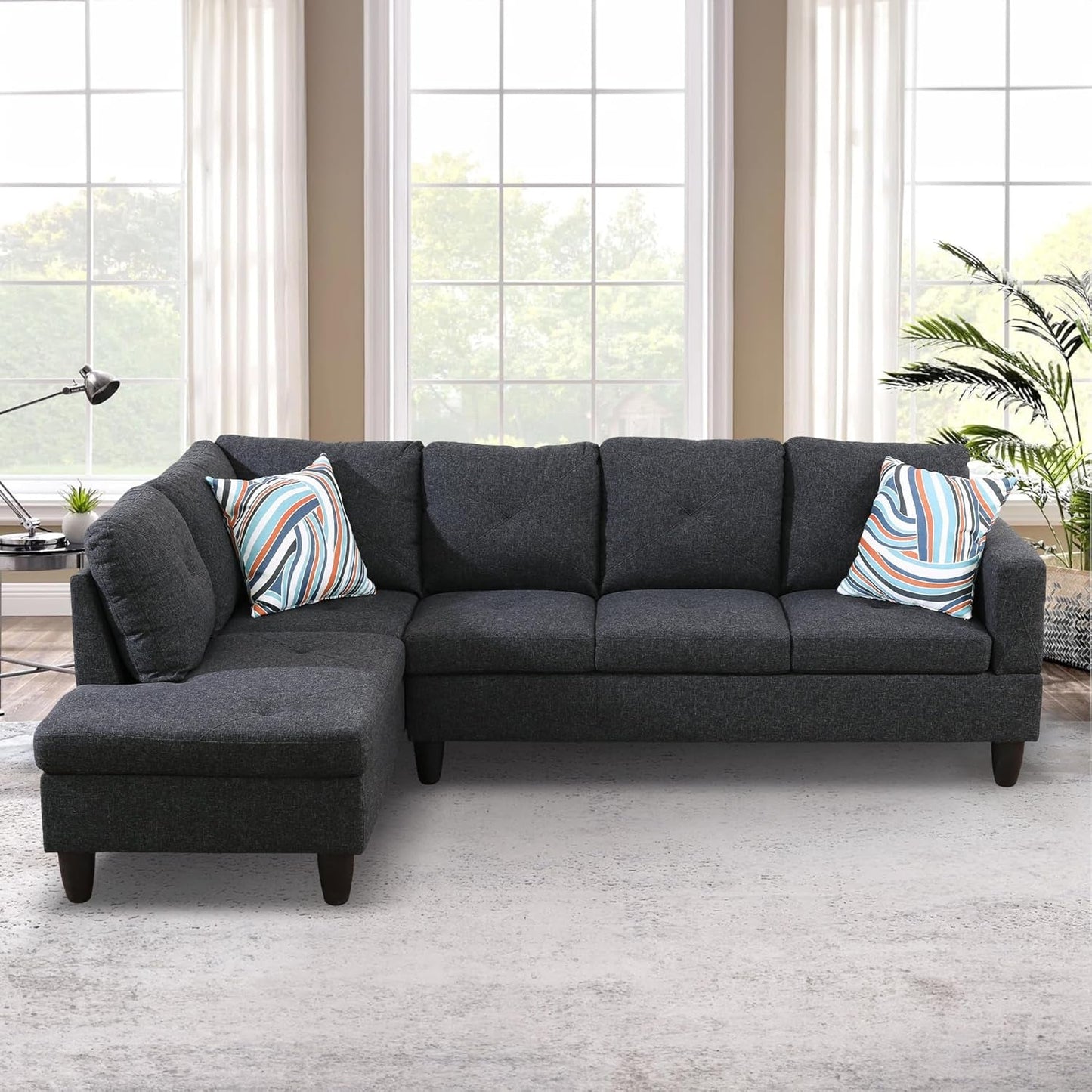 L-Shaped Sectional Sofa Set Luxurious Flannelette 5-Seat Couches, Durable and Comfortable, Space-Saving Design Perfect for Modern Living Room, Apartment, Black Grey-2