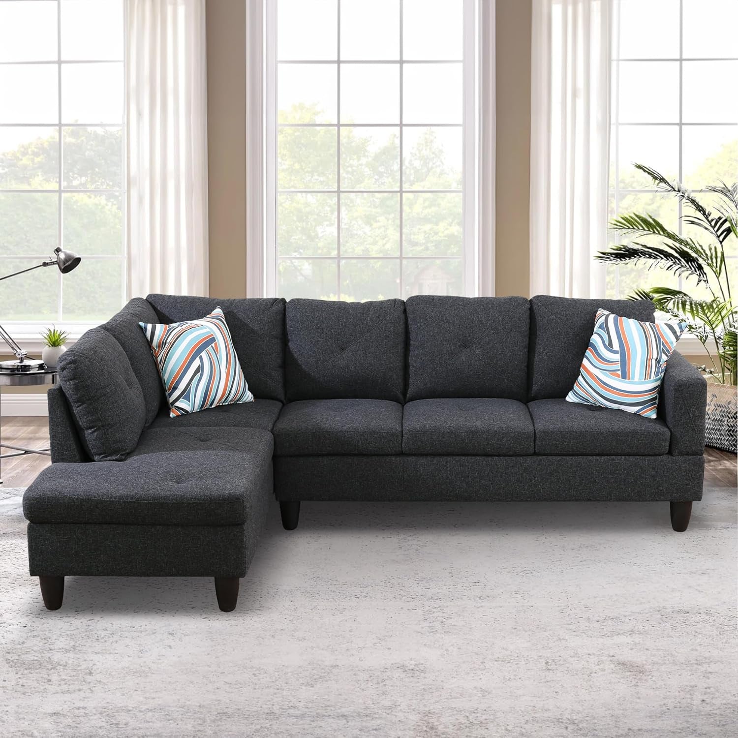 L-Shaped Sectional Sofa Set Luxurious Flannelette 5-Seat Couches, Durable and Comfortable, Space-Saving Design Perfect for Modern Living Room, Apartment, Black Grey-2