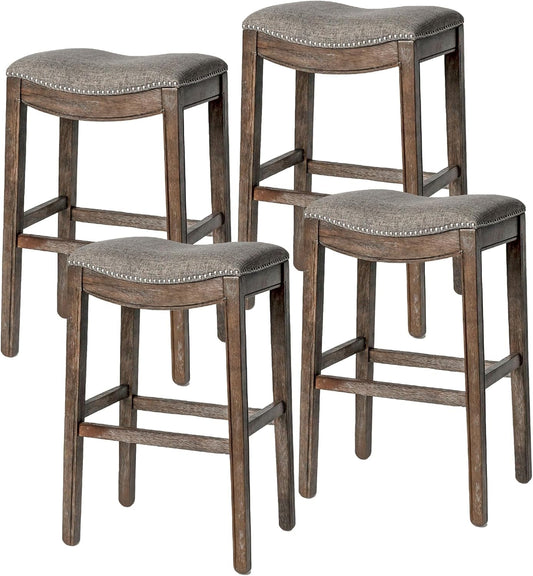 Adrien 31 Inch Bar Height Upholstered Backless Saddle Barstool in Dark Walnut Finish with Ash Grey Fabric Cushion Seat, Set of 4-0