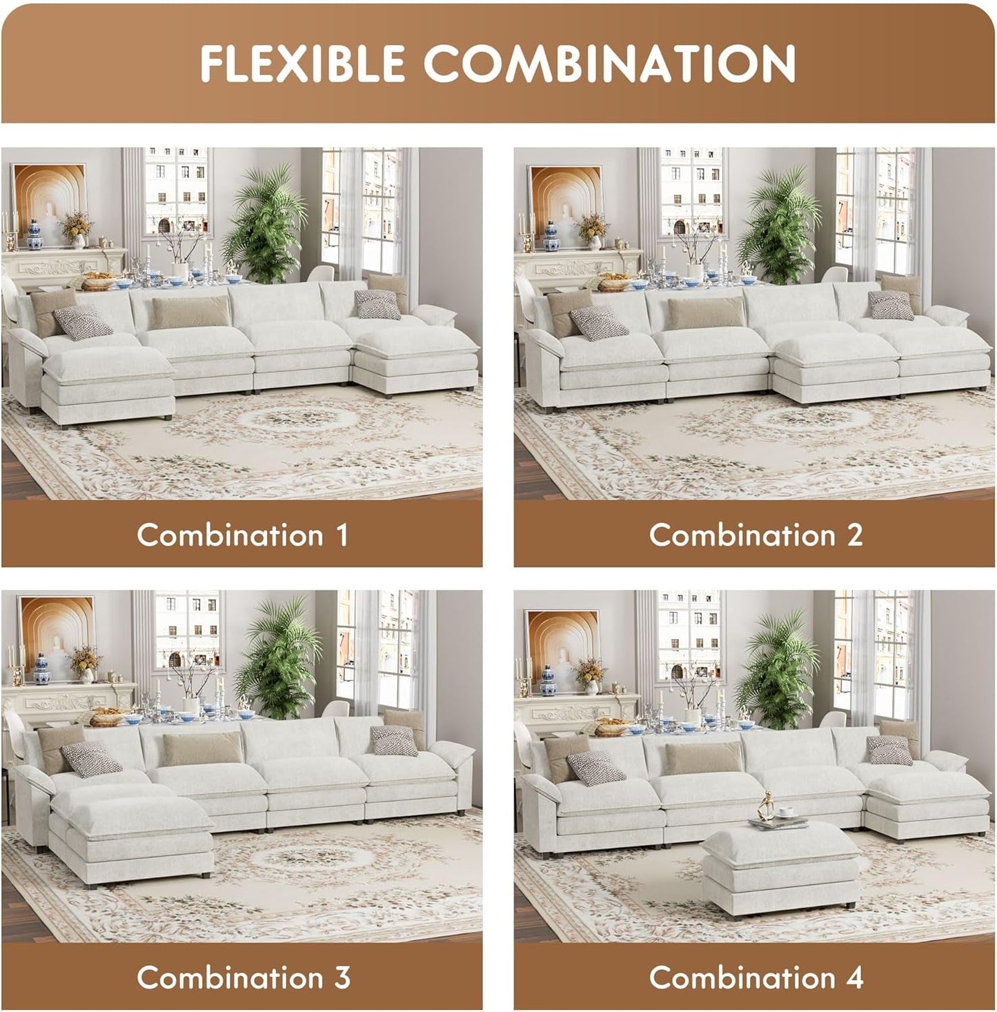 Sectional Modular Sofa U Shaped Chenille Fabric Couch with High Supportive & Soft Sponges and Removable Ottoman, Sleeper Comfy Upholstered Furniture for Living Room, White-4