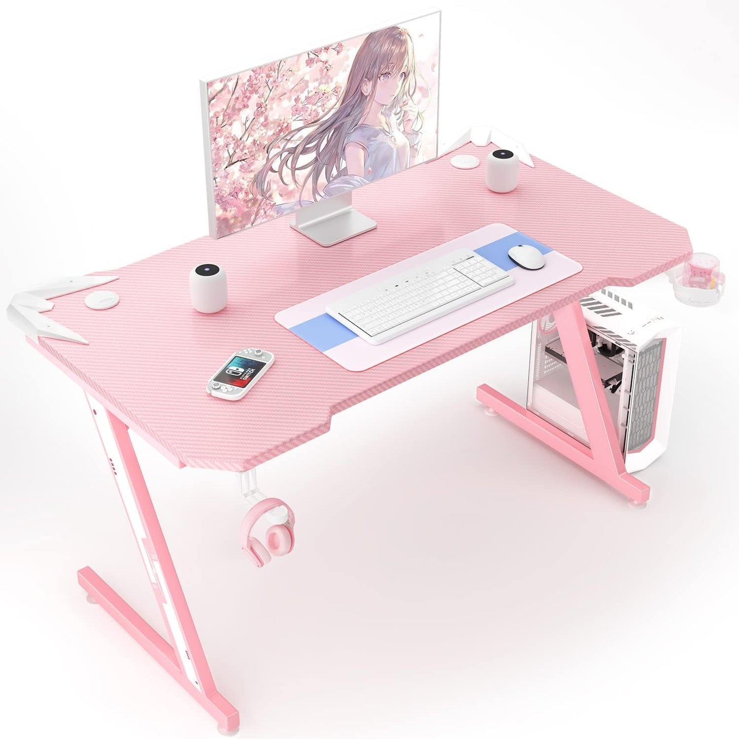Gaming Computer Desk with Carbon Fiber Surface, Gaming Table Z Shaped Pc Home Office with Cup Holder&Headphone Hook(44 In, Pink)-0