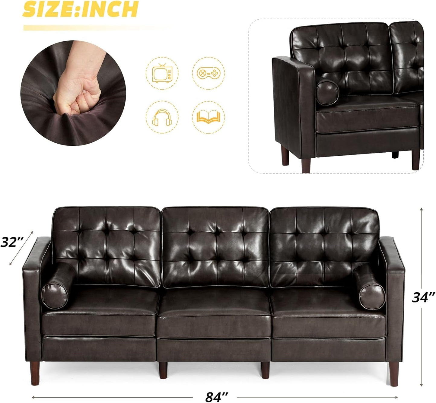 2 Pieces Faux Leather Couch Set, Upholstered 3 Seat & Loveseat Sofa with Bolster Pillows, Mid Century Modern Couch Set with Wooden Legs for Living Room, Bedroom, Office. Dark Brown-2