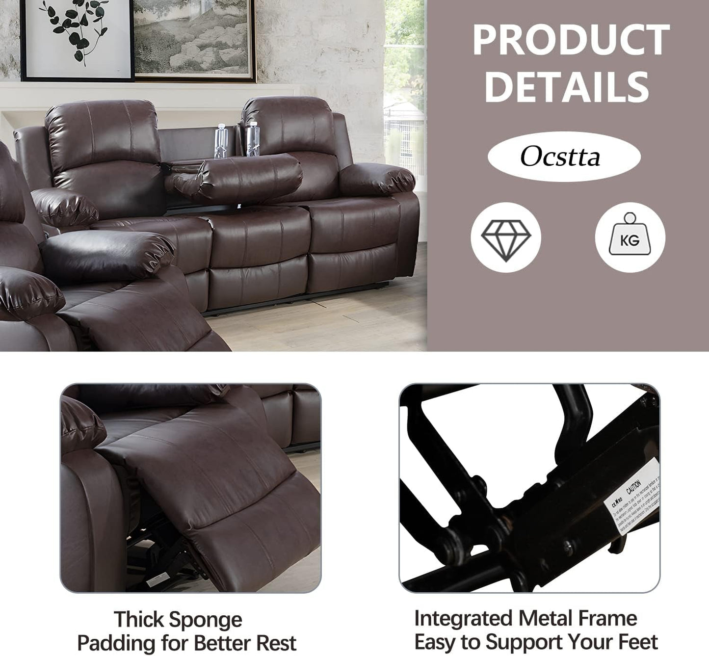 Manual Leather Recliner Sofa Set for Living Room Furniture Set,Leather Recliner Couch Set for Home/Office,Leather Reclining Sofa Set for 3-Pieces(Sofa+Loveseat+Chair) Brown-3