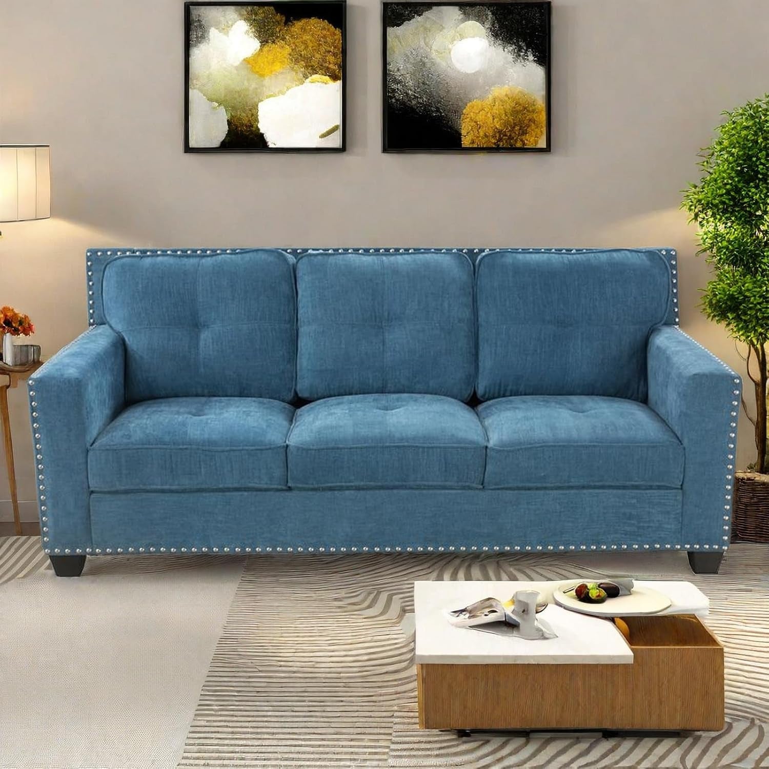 Comfy Sofa Couch, Modern 3 Seater Couche for Living Room, Button Tufted Upholstered Furniture, Solid and Easy to Install Small Couch for Bedroom, Apartment-3