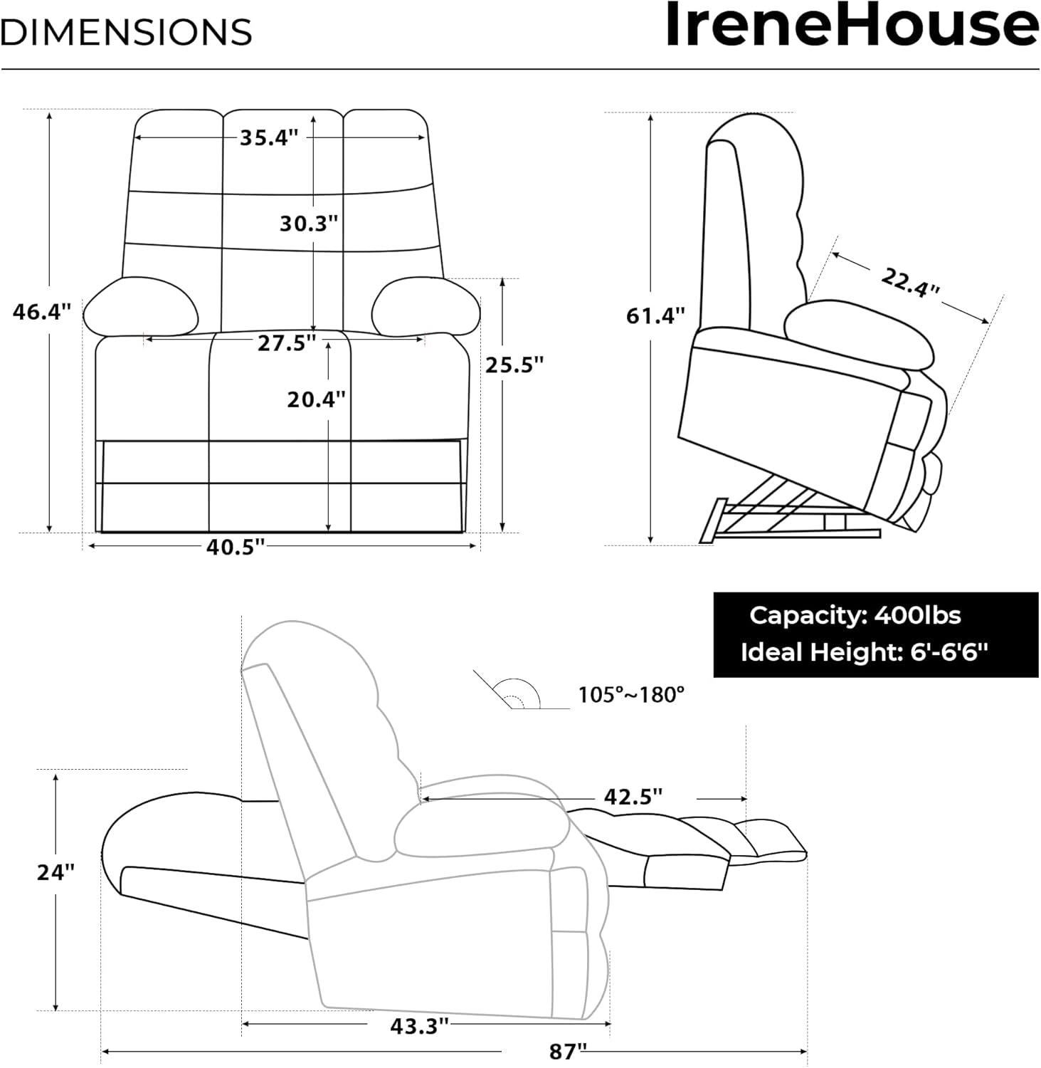 Big Tall Man Power Lay Flat Lift Recliner Extra Large Oversized Wide Heat Massage Dual Motor Recliners up to 400 LBS Electric Chairs,9205L Extended Footrest(Chenille Grey)-2