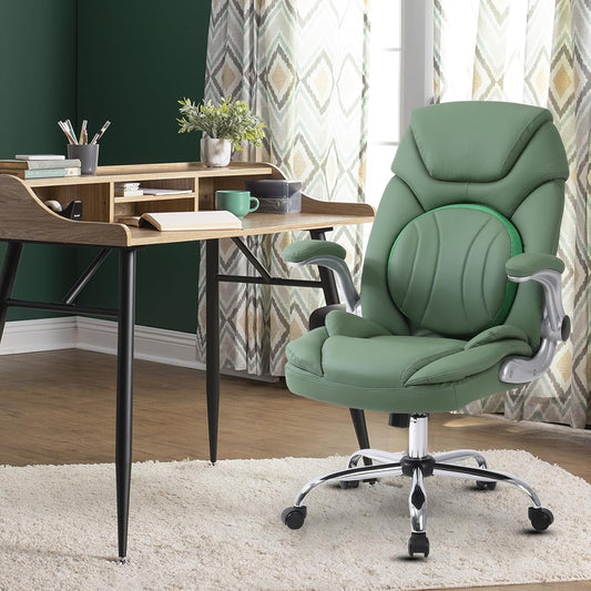 Modern Executive Office Chairs with Lumbar Support, 90-120° Rocking Managerial Chair Ergonomic PU Leather Home Office Desk Chairs with Wheels, Flip-Up Arms & Back Support (Green)-0