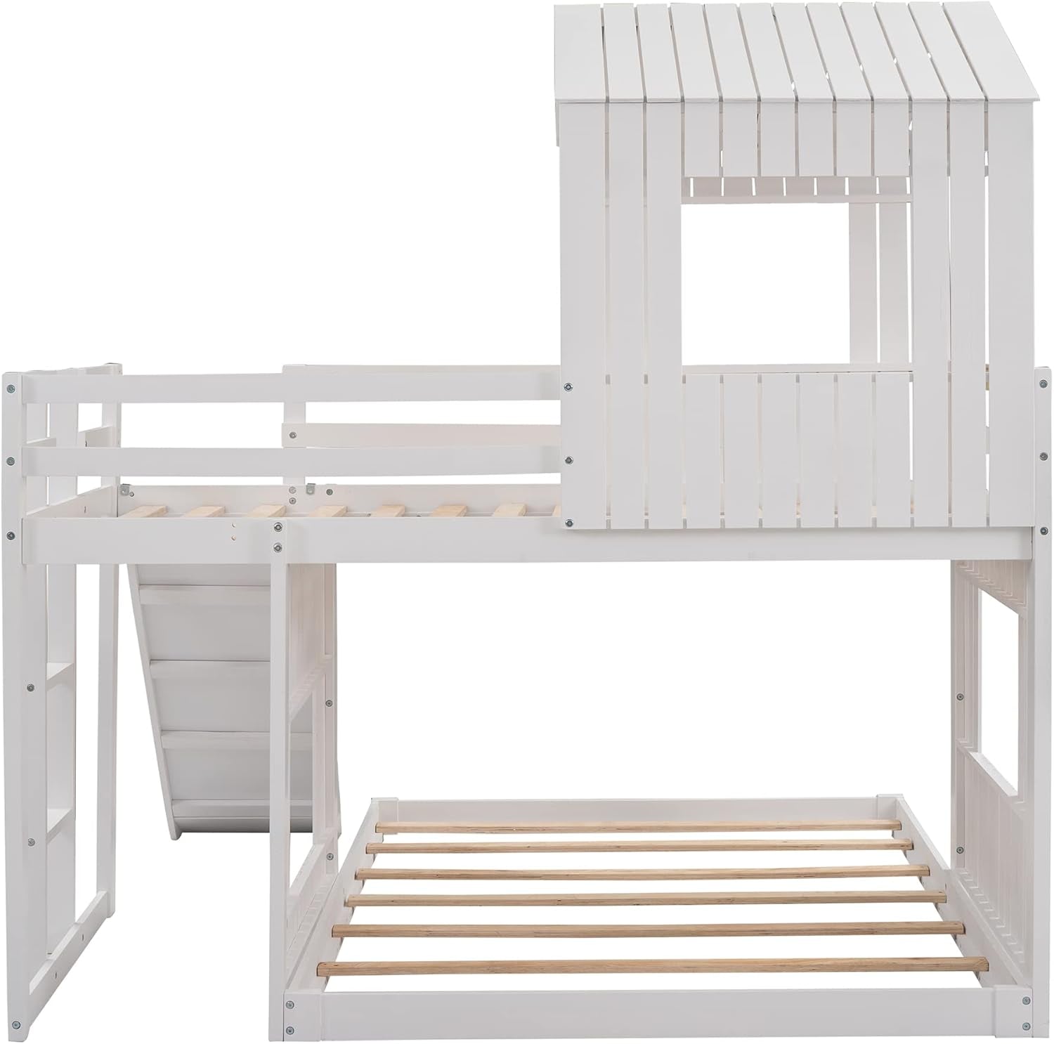 Twin over Full Bunk Bed Frames Loft Bed with Slide, House Roof, Window and Safety Guardrails for Boys or Girls, White-4