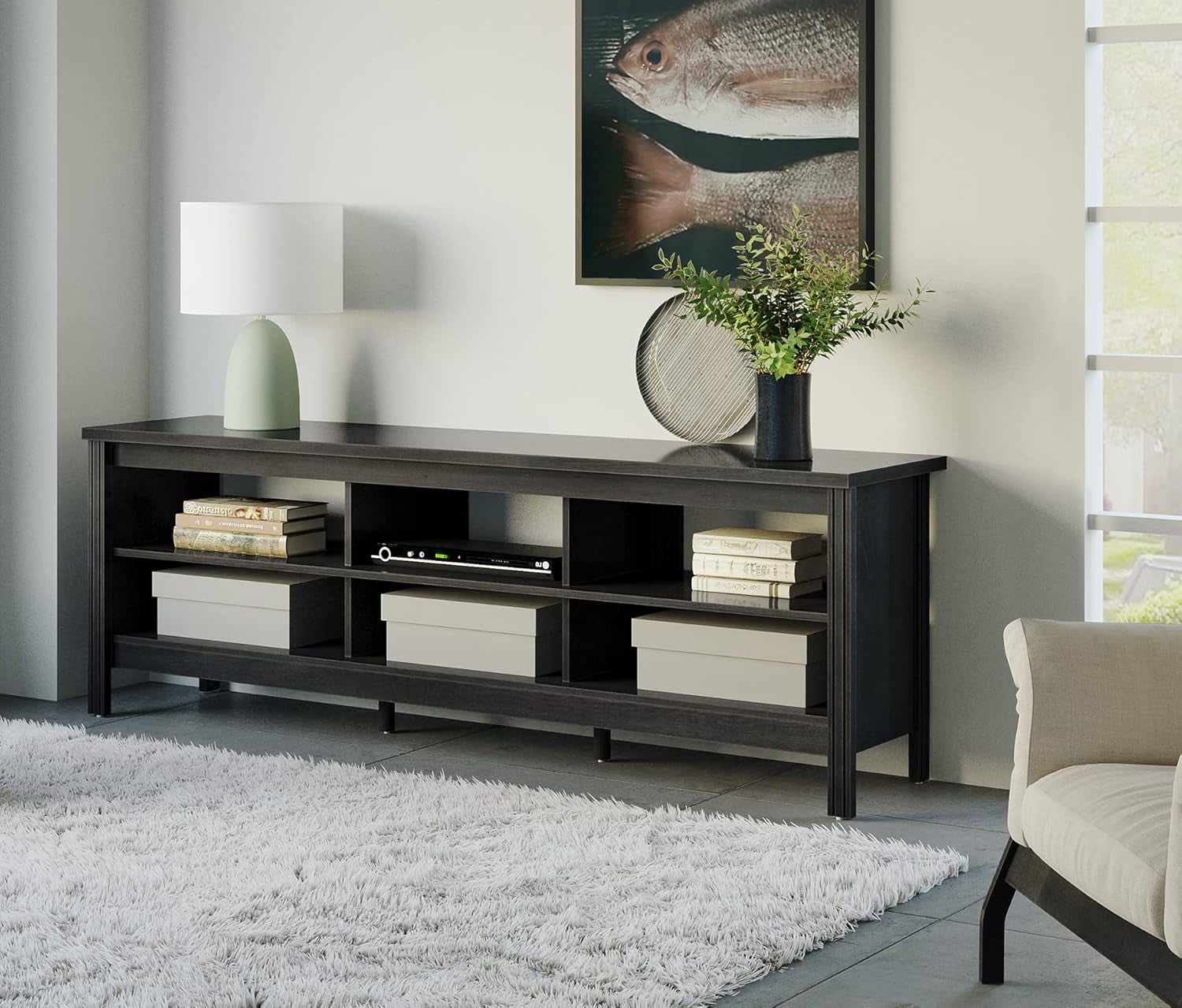 Farmhouse TV Stand for 75 Inch TV, Wood Entertainment Center TV Console Table with 6 Storage Shelf for Bedroom, 70 Inch Media Table for Living Room, Black-2