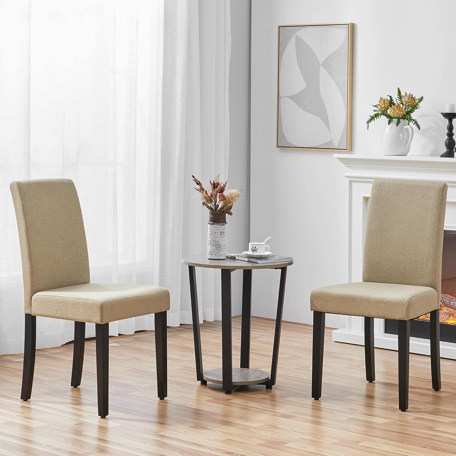 Dining Chair Fabric Parson Chair Modern Stylish Upholstered Kitchen Living Room Padded Chair Armless Side Chair with Solid Wood Legs Set of 4, Khaki-3