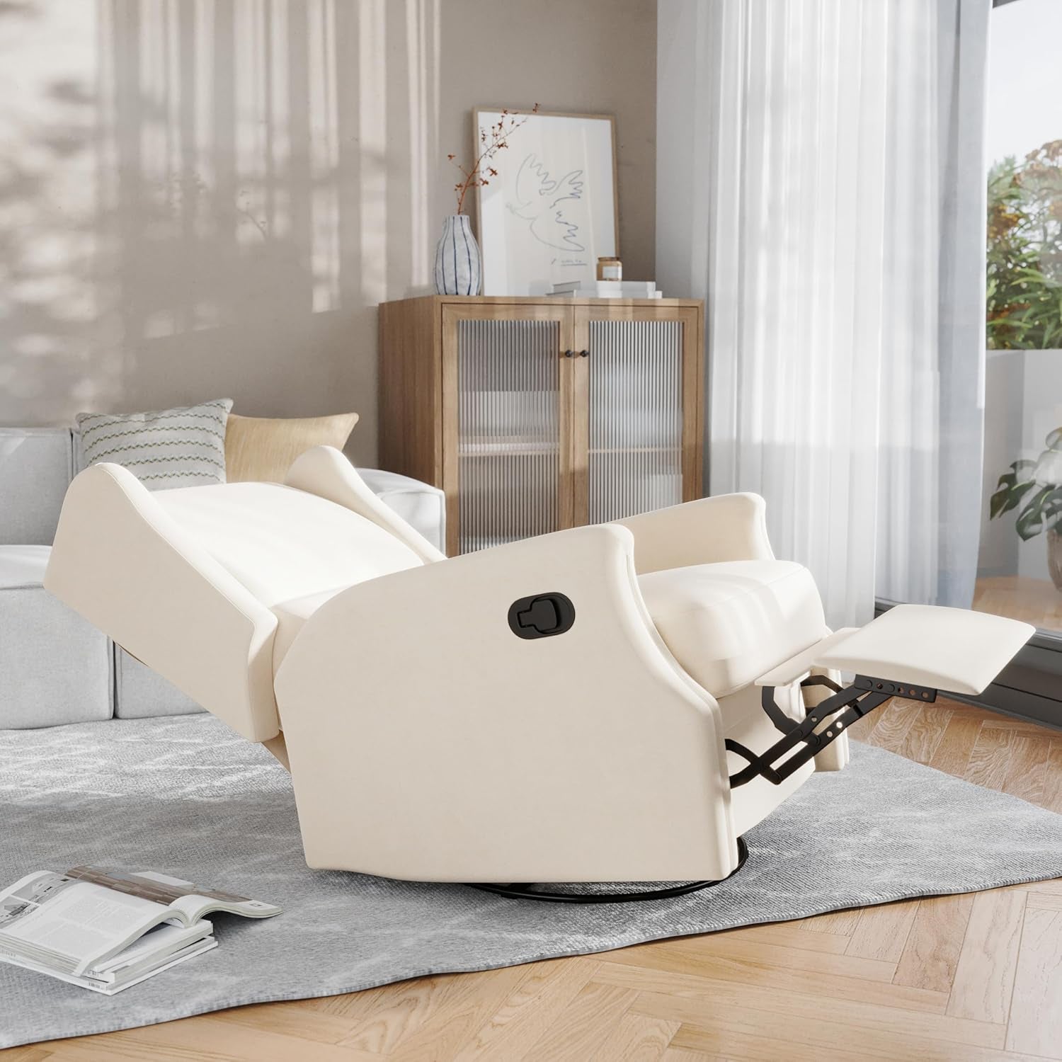 Omma Swivel Glider Rocking Recliner, Manual Wingback Recliner with 360 Degree Swivel, for Living Room, Bedroom, or Nursery, Upholstered, Cream-4