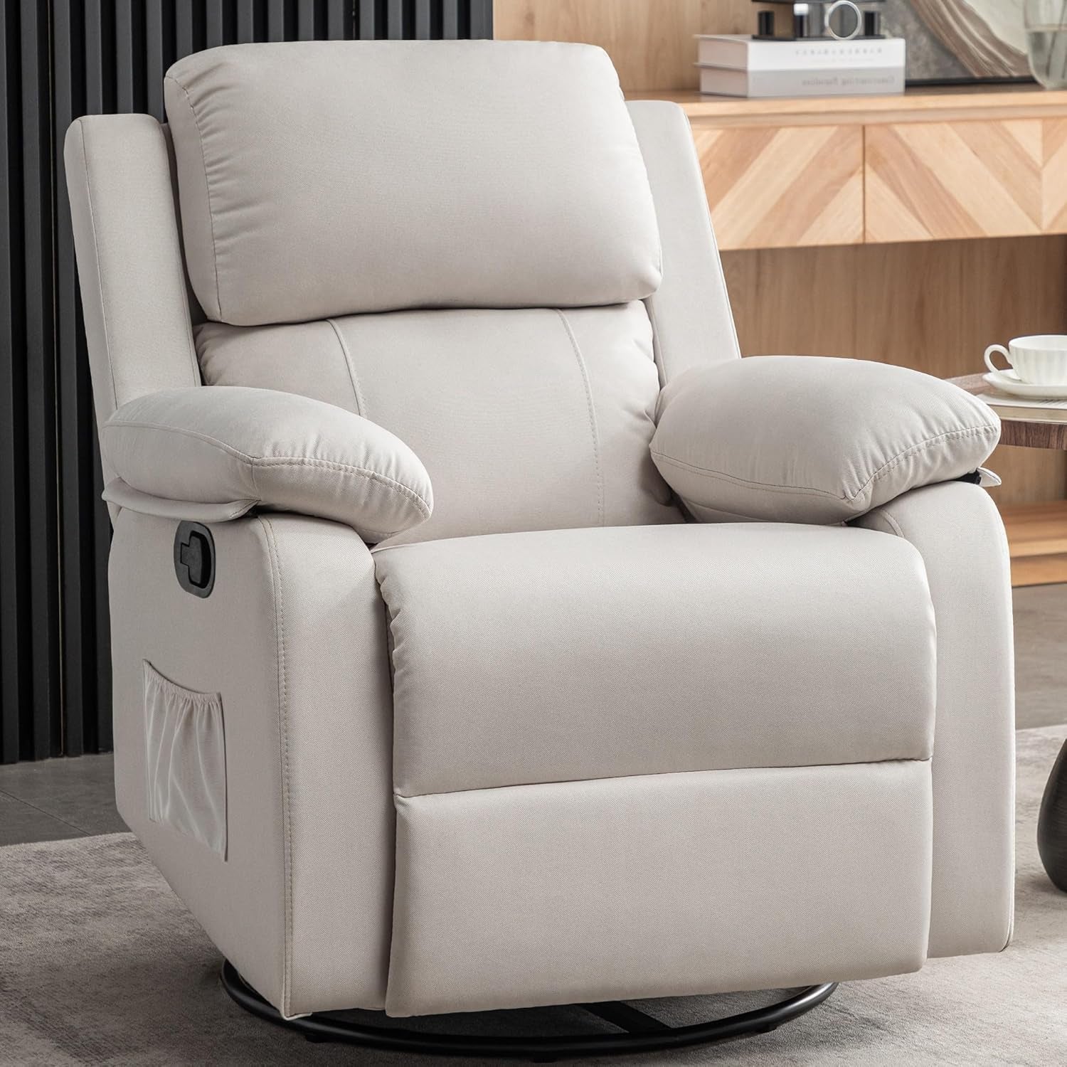Recliner Chair, 360 Swivel Rocker Chair for Adults, Small Rocking Recliner Chair for Small Spaces, Upholstered Fabric Glider Recliner Nursery Chair with Side Pockets for Living Room, White-0