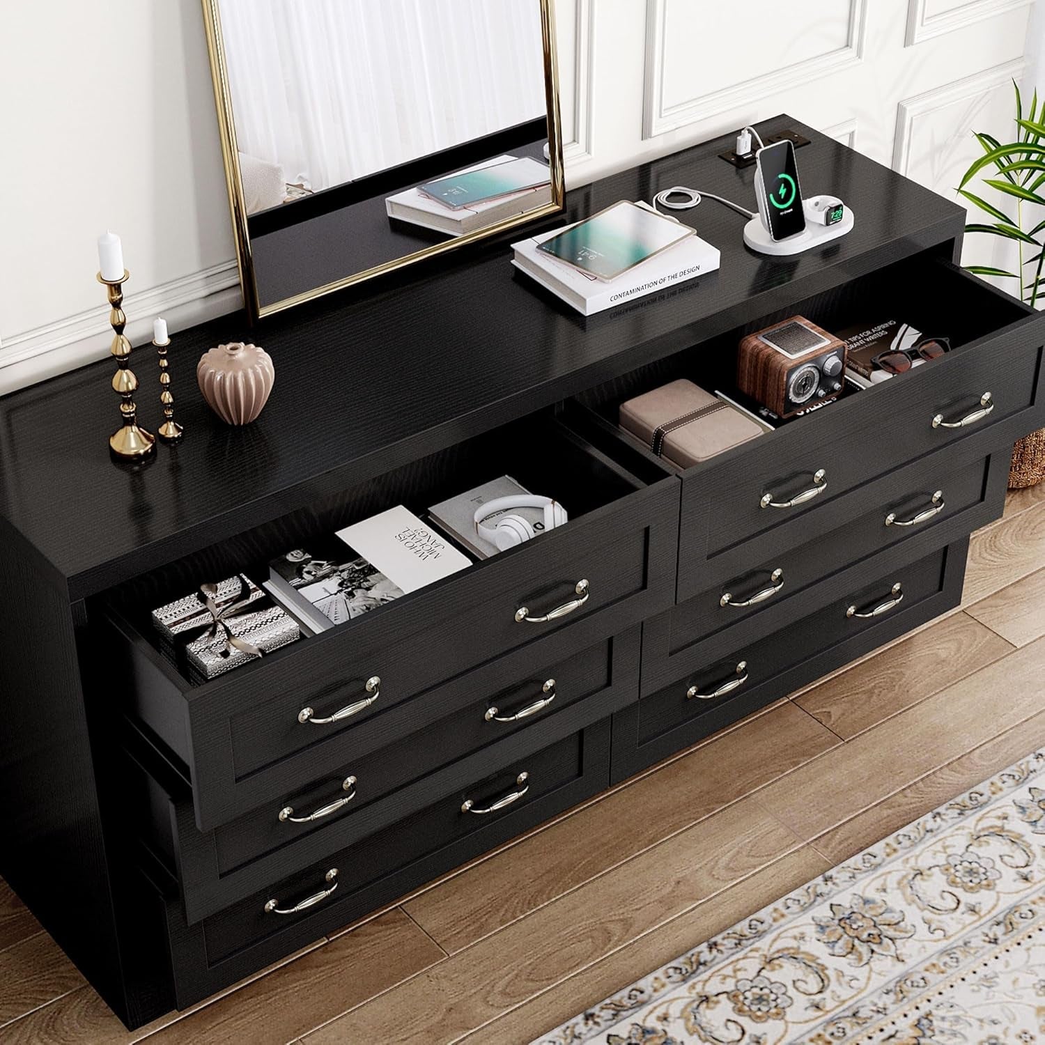 Drawers TV Stand for 65 Inches with Power Outlets -Chest of Drawers Dresser with Side Organizer Bag Entertainment Center TV Console, Black-4