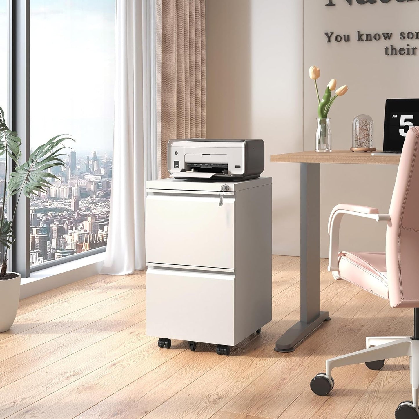 2 Drawer Mobile File Cabinet with Lock,Rolling Metal Office Storage Filing Cabinet under Desk for Home Office,Legal/Letter/A4, Fully Assembled,White-1