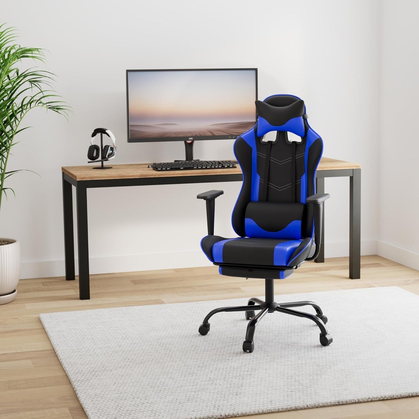 Gaming Chair with Footrest,Ergonomic Office Chair,Adjustable Swivel Desk Chair,Reclining Computer Lumbar Support and Headrest,Racing Style Video Gamer (Blue)-1