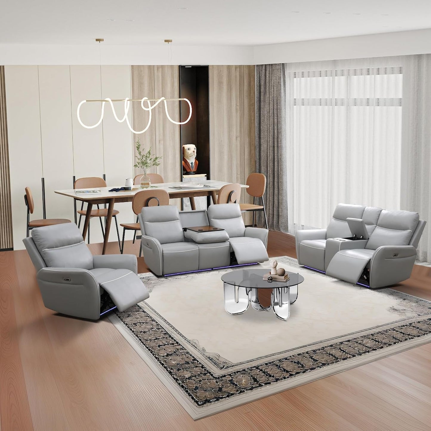 Power Recliner Sofa Set with LED, Breathing Leather Reclining Sofa Set, Living Room Set Recliner Couch Loveseat with USB Port/Cup Holder/Storage for Living Room (3 Pieces Couch Set, Light Grey)-0