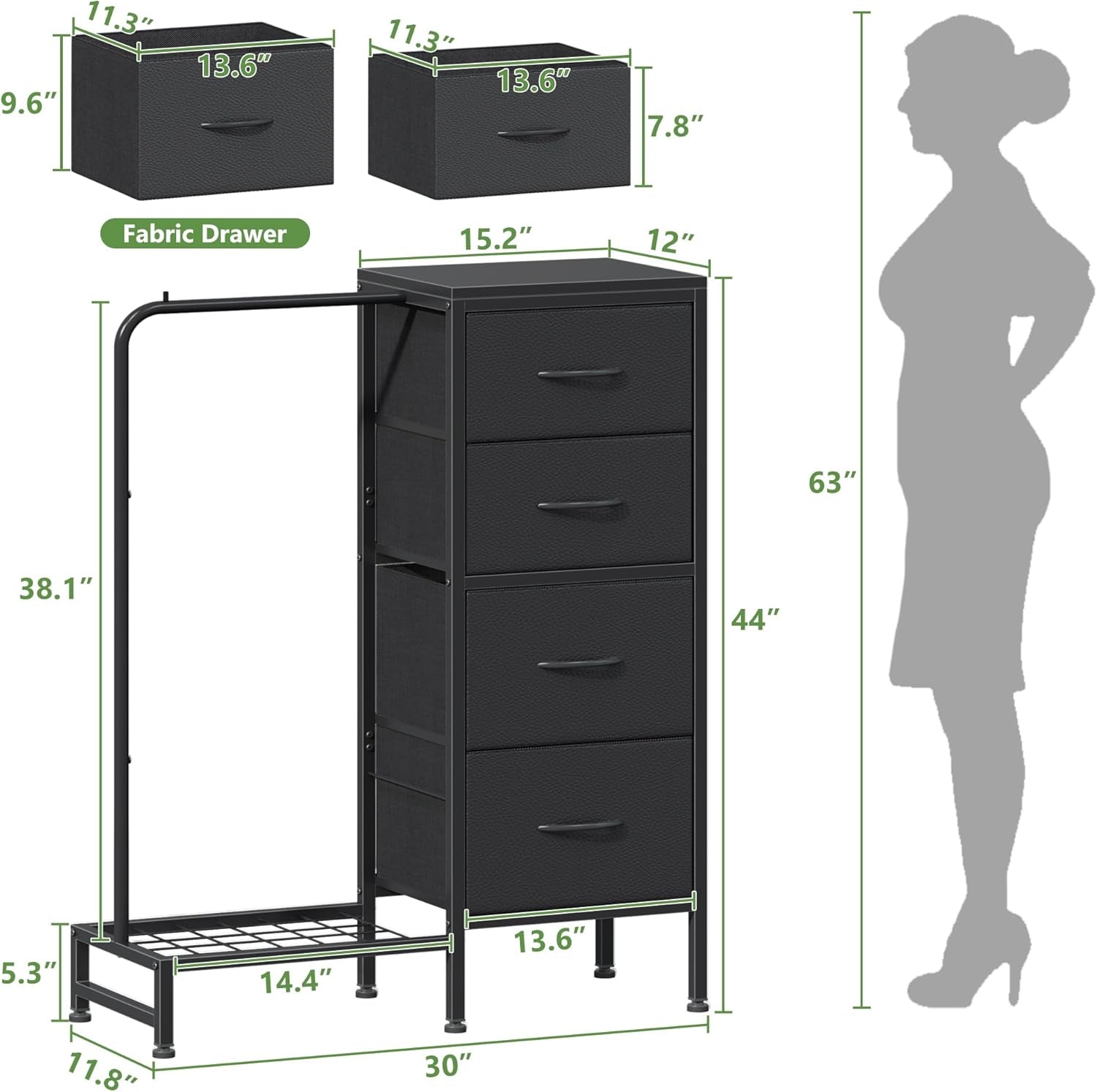 Dresser with Hanging Rack, 4 Drawers Small Dresser for Bedroom, Reversable Fabric Kids Dresser for Closet with Clothes Rack, Tall Chest of Drawers, Sturdy Frame, Black, 44''H-2