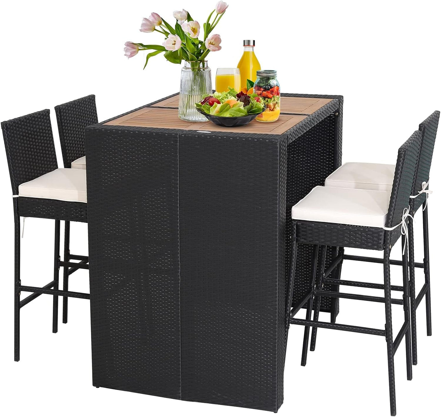 5 Piece Patio Wicker Bar Set, Patiojoy Outdoor Acacia Wood Bar Height Table & 4 Rattan Bar Stool Chairs with Backrest and Footrest, Outdoor Dining Bistro Set-0