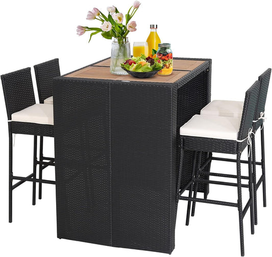 5 Piece Patio Wicker Bar Set, Patiojoy Outdoor Acacia Wood Bar Height Table & 4 Rattan Bar Stool Chairs with Backrest and Footrest, Outdoor Dining Bistro Set-0