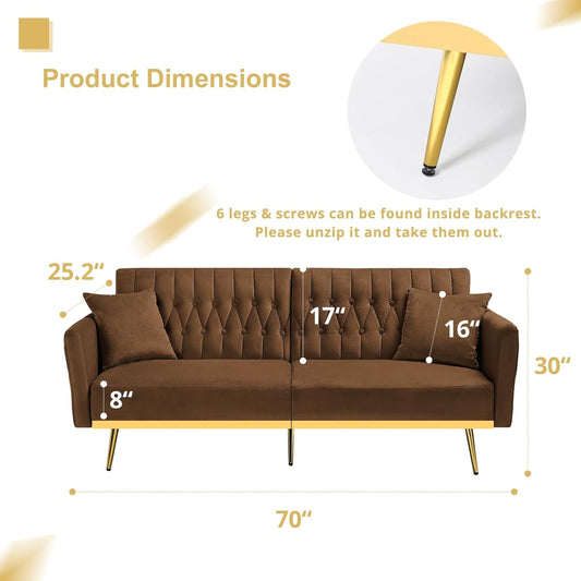 2 Pieces Velvet Sofa Set with Adjustable Armrest and Backrest, 70” Convertible Futon Sofa Bed & Mordern Accent Chair with Ottoman for Living Room, Bedroom, Brown-1