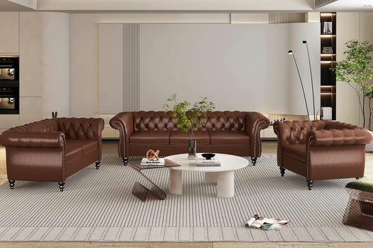 3 Piece Living Room Sofa Set, Chesterfield 3 Seat Sofa Loveseat Sofa Armchair, Modern Leather Couch Set with Rolled Arms and Nailhead Upholstered for Living Room, Office and Apartment, Brown-0
