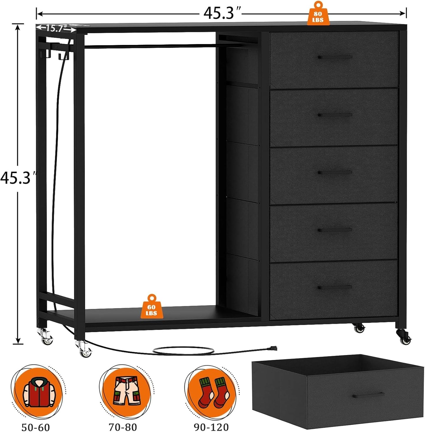 Dresser for Bedroom with Clothes Rack, 5 Drawers Dresser with Charging Station & LED Lights, Black Storage Chest of Drawers with Wheels, Wooden Top, Lockable Wheels, Bedroom, Closet, Black-2