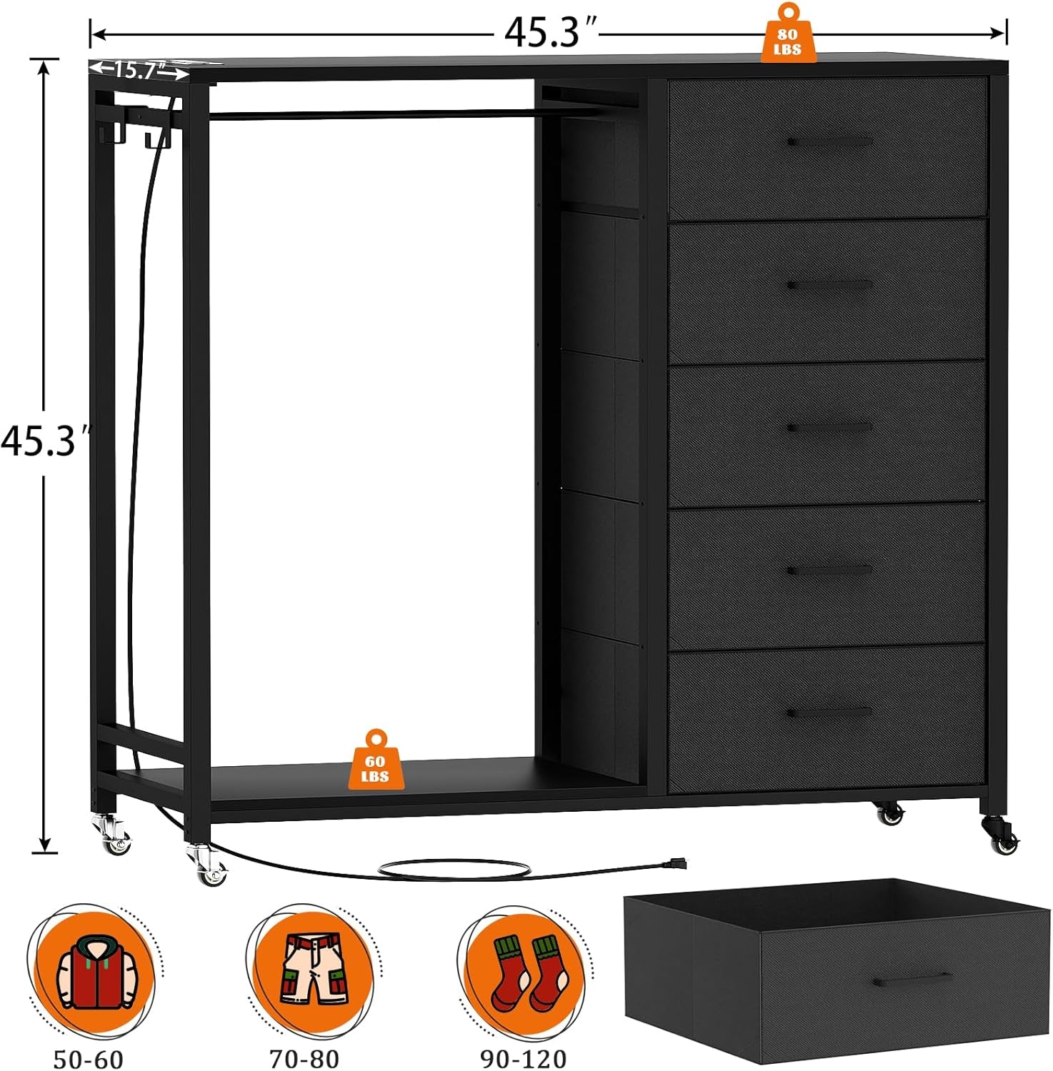 Dresser for Bedroom with Clothes Rack, 5 Drawers Dresser with Charging Station & LED Lights, Black Storage Chest of Drawers with Wheels, Wooden Top, Lockable Wheels, Bedroom, Closet, Black-2