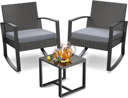 3 Piece Wicker Patio Furniture Set, Outdoor Rocking Chairs, Outdoor Furniture with Table & Cushions, Patio Chairs Balcony Porch Furniture, Gray-0
