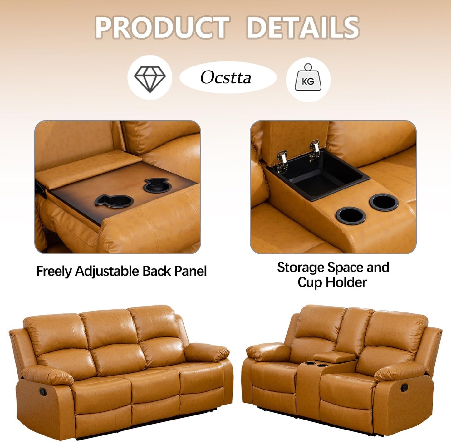 Manual Leather Recliner Sofa Set for Living Room Furniture Set,Leather Recliner Couch Set for Home/Office,Leather Couch Set for 3-Pieces(Sofa+Loveseat+Chair) Ginger, Sofa+Lovsesat+Chair-2